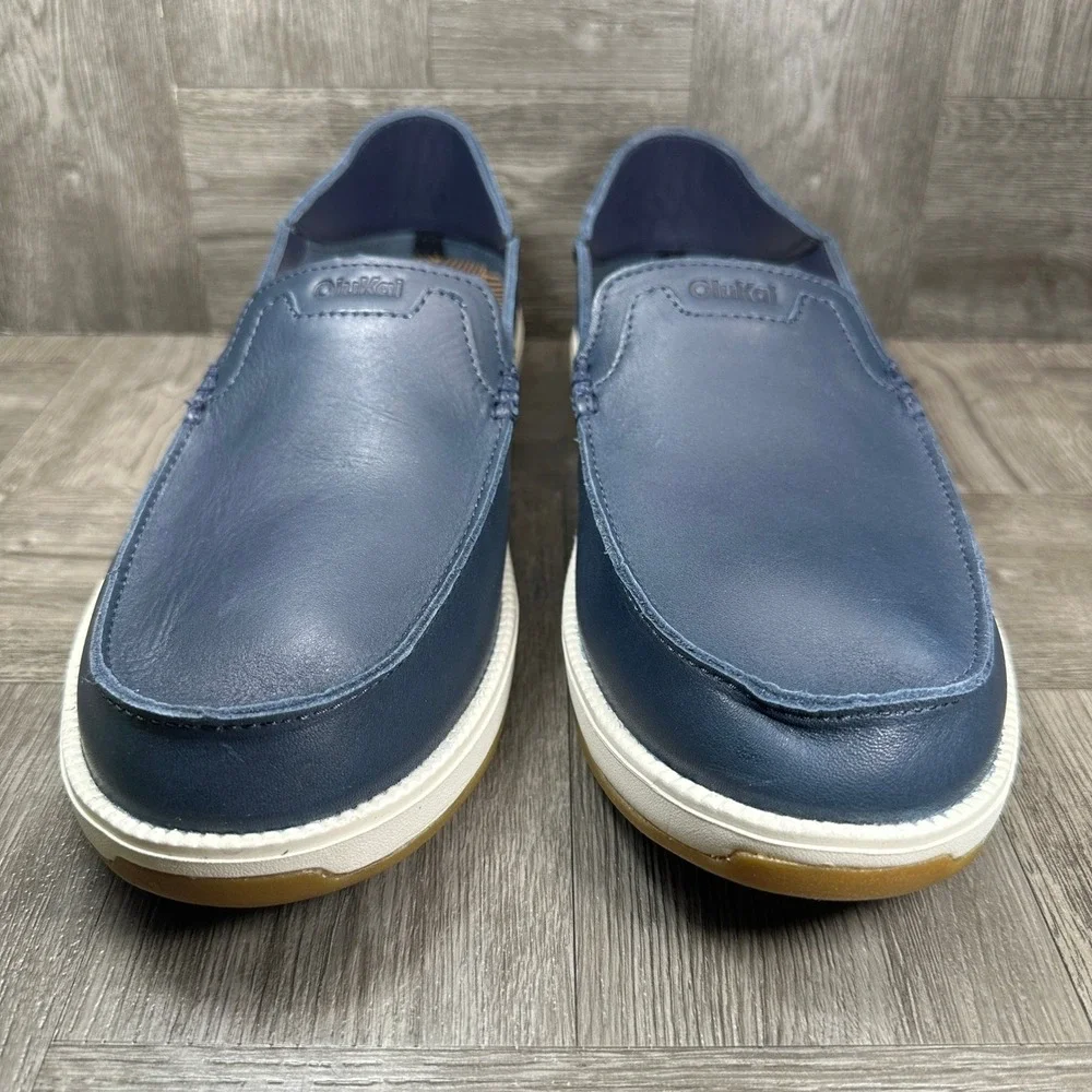 OluKai Kakaha Nia Mens 10.5 Navy Blue Leather Slip On Loafers NEW